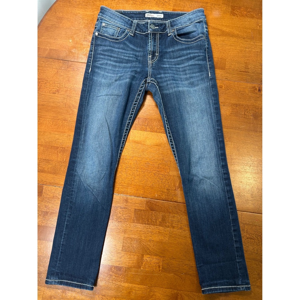 BKE Dakota Jeans Women 28R Blue Straight Leg Contrast Stitch Whiskered Denim